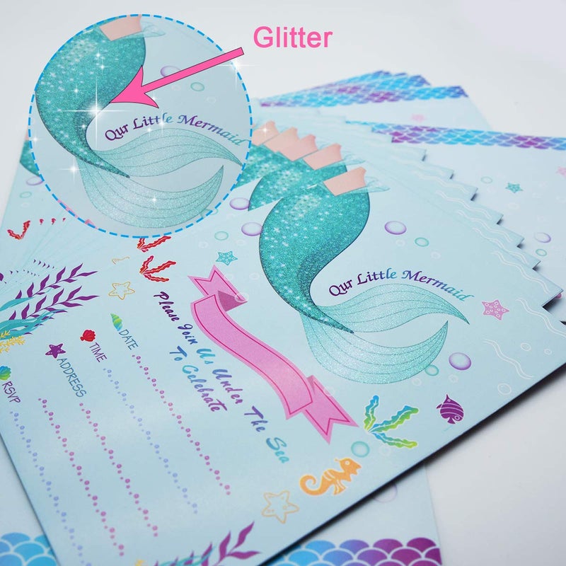 T-Antrix Mermaid Party Invitations, 24pcs Magical Glitter Fill in Mermaid Invitations with 24 Envelopes for Kids Girls Birthday Baby Shower Wedding Pool Mermaid Themed Party Supplies - Image 5